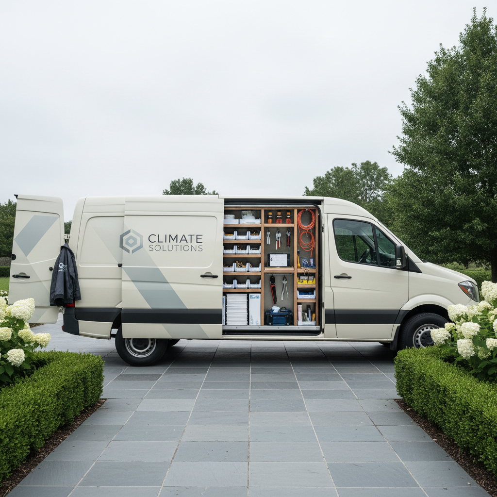 A meticulously organized HVAC service van, painted in clean, neutral tones with subtle, modern company branding on the doors, parked in a residential Spring Hill driveway bordered by trimmed hedges and slate gray pavers. The rear doors are open to reveal neatly arranged shelves with tools, spare parts, and new air filters, emphasizing order and readiness. Cool, overcast daylight evenly illuminates the van and its contents, creating clear, balanced shadows and minimizing harsh contrasts. The mood is efficient and dependable, evoking professionalism and attention to detail. Captured from a direct side angle at eye level, the composition is spacious yet focused, adhering to a minimalist, structured layout with photographic realism, supporting the company’s customer-focused image.