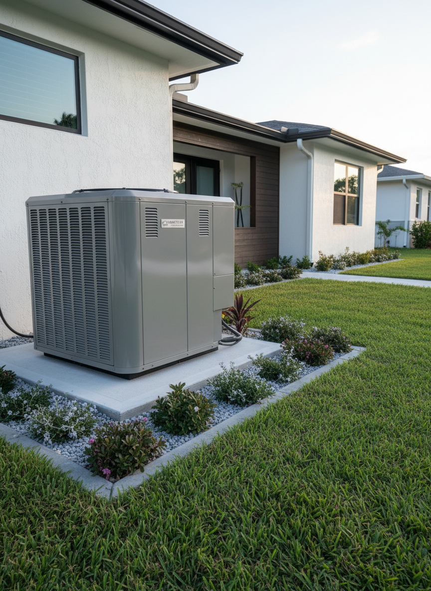 A state-of-the-art HVAC outdoor condenser unit constructed from brushed stainless steel, featuring sleek lines and precision-machined vents, placed on a pristine concrete pad adjacent to a modern Florida suburban home. Neat flower beds and a manicured green lawn surround the unit, providing a structured and balanced look. Soft, diffused afternoon light gently highlights the metallic surface, creating subtle reflections while casting gentle, crisp shadows beneath. The mood is calm, professional, and reliable, with a clear focus on clean, functional design. Captured from a slightly elevated, three-quarter angle with sharp focus, the composition utilizes rule of thirds and neutral color tones for a sophisticated, corporate aesthetic in photographic realism. This image authentically represents professional HVAC services in a residential environment, aligning with the company’s trustworthy reputation.